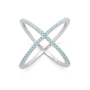 Rhodium Plated Criss Cross 'X' Ring with Blue CZs